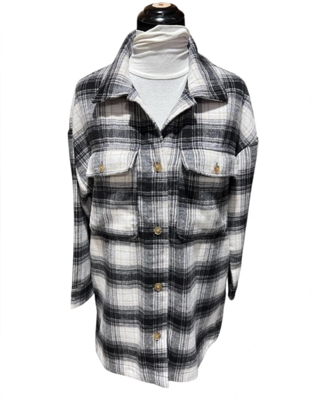 Black & White Plaid Shacket Jacket - Women